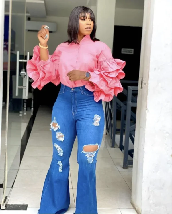 Women Shirts Solid Full Ruffles Sleeve Turn-down Collar Single Breasted Loose Shirts Office Lady Streetwear Summer Tops - Image 3