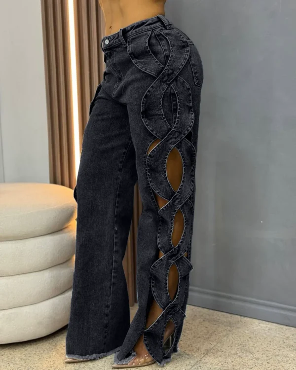 Women Streetwear Cutout Hollow Out Criss Cross Side Wide Leg  Blue Denim Pants 2025 Fashion Sexy Party Jeans Trousers - Image 2