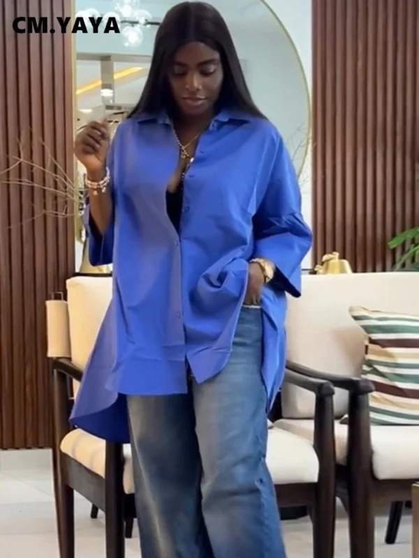 Women Three Quarter Sleeve Turn-down Collar Loose Shirts 2025 SummerOL Work Fashion Turn-down Collar Slim Blouses - Image 2