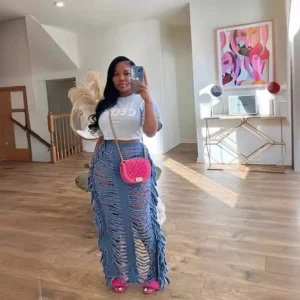 Women Fashion Ripped Out Hollow Out Tassel Pencil Maxi Long Denim Skirts Street High Waist Zipper Bodycon Jean Skirts