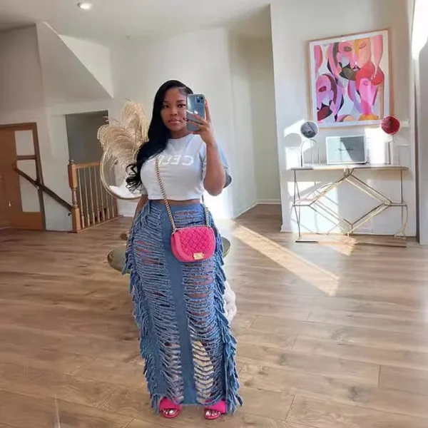 Women Fashion Ripped Out Hollow Out Tassel Pencil Maxi Long Denim Skirts Street High Waist Zipper Bodycon Jean Skirts