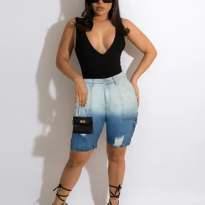 Women Gradient Straight Washed Denim Knee Length Cargo Pants 2025 Summer Multi Pocket Street Casual Jeans Trousers