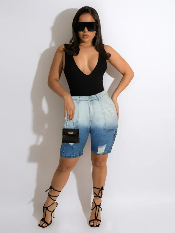 Women Gradient Straight Washed Denim Knee Length Cargo Pants 2025 Summer Multi Pocket Street Casual Jeans Trousers