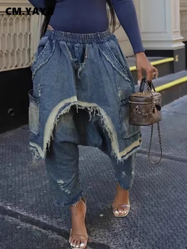 Women Streetwear Ripped Out Hole Denim Pants 2025 Fall Autumn Loose Safari Style Cargo Harem Hip Hop Jeans - Image 2