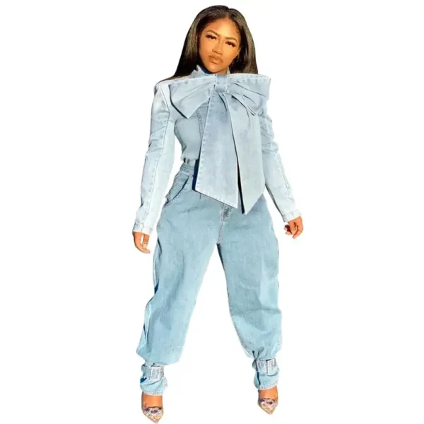 Women Autumn Winter Blouses Shirts Bow Neck Full Sleeve Sexy Denim Night Club Vintage Blouses Shirts Top Streetwear GLHG5295 - Image 3