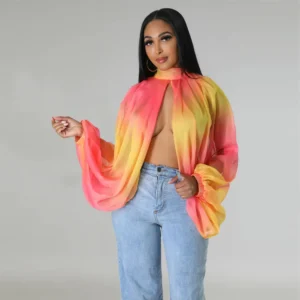 Women Fashion Gradient Printed Batwing Long Sleeve Front Split See Though Loose Sexy Party Club Blouse and Shirt Tops