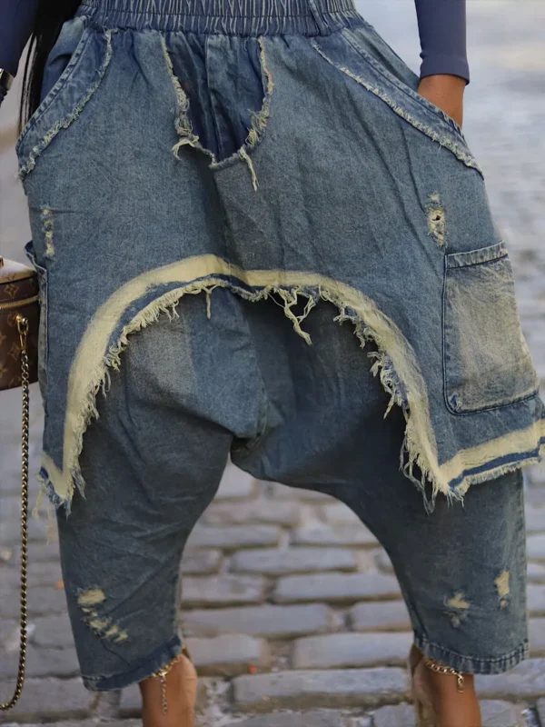 Women Streetwear Ripped Out Hole Denim Pants 2025 Fall Autumn Loose Safari Style Cargo Harem Hip Hop Jeans