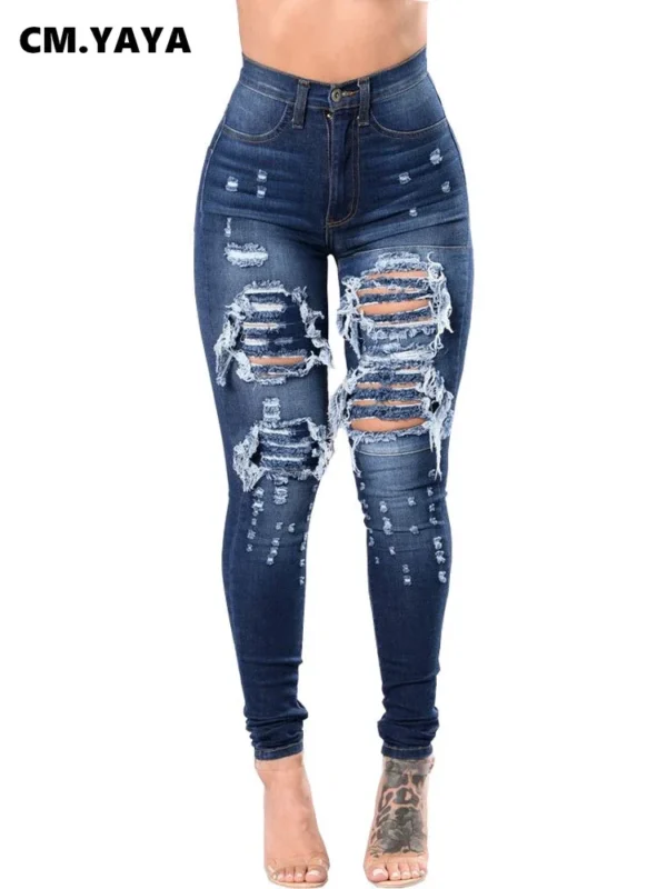 Denim Pants Women Retro Solid Sexy Hole Hollow Out Jeans Ripped Pencil Trousers Street Skinny High Waist Lady Pant - Image 4