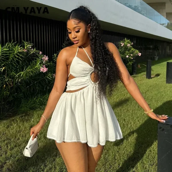 2024 Women Halter Strap Sleeveless Mini A-Line Dress Sexy Beading Backless Streetwear Evening Night Club Party Dresses - Image 4