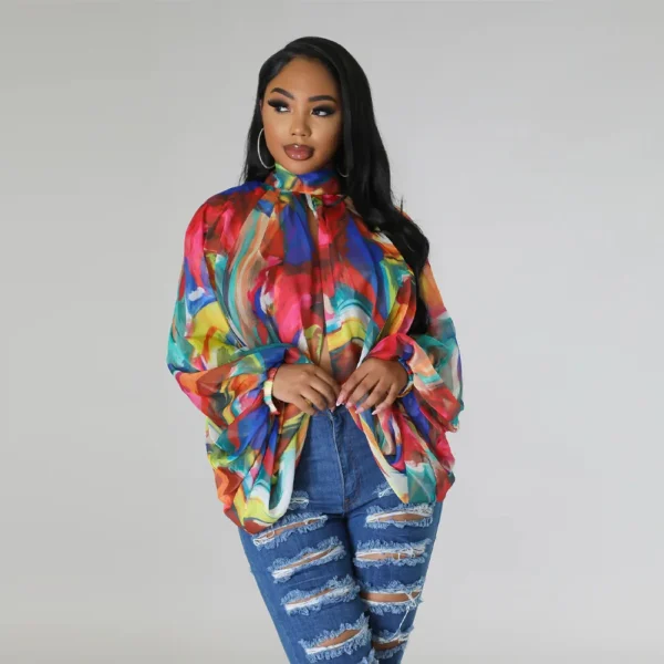 Women Fashion Gradient Printed Batwing Long Sleeve Front Split See Though Loose Sexy Party Club Blouse and Shirt Tops - Image 6