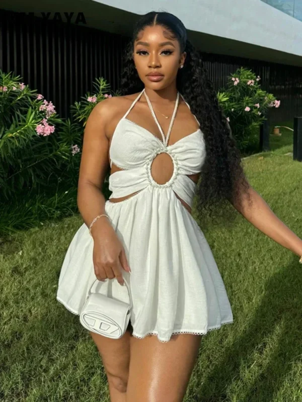 2024 Women Halter Strap Sleeveless Mini A-Line Dress Sexy Beading Backless Streetwear Evening Night Club Party Dresses - Image 2