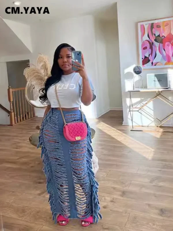 Women Fashion Ripped Out Hollow Out Tassel Pencil Maxi Long Denim Skirts Street High Waist Zipper Bodycon Jean Skirts - Image 2