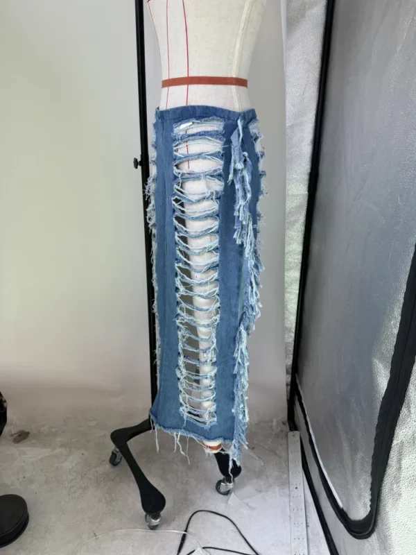Women Fashion Ripped Out Hollow Out Tassel Pencil Maxi Long Denim Skirts Street High Waist Zipper Bodycon Jean Skirts - Image 6