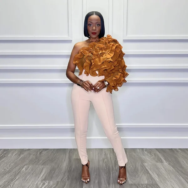 Women Ruffles One Sleeve Skew Collar Tunic Blouse and Shirt Tops 2024 Summer Streetwear Night Club Party Beach Tops - Image 3