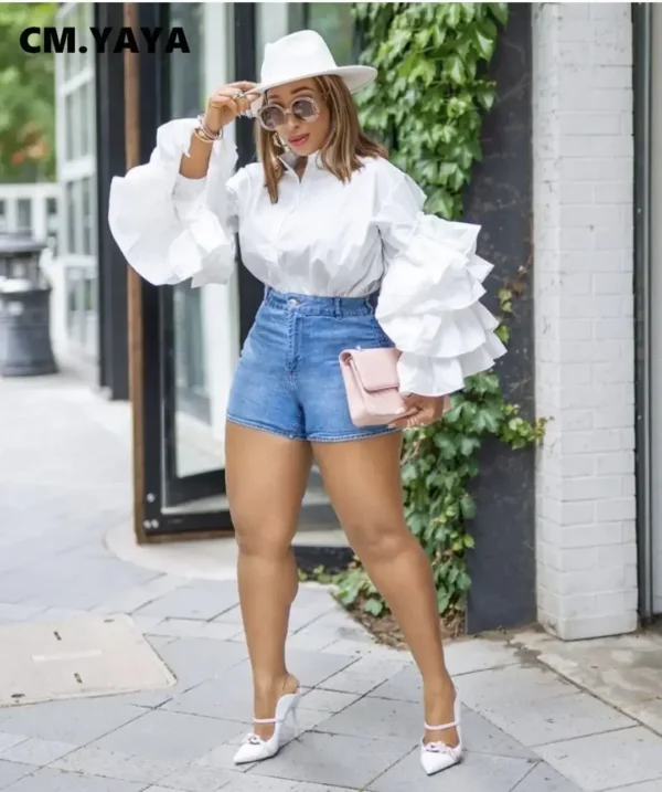 Women Shirts Solid Full Ruffles Sleeve Turn-down Collar Single Breasted Loose Shirts Office Lady Streetwear Summer Tops - Image 6