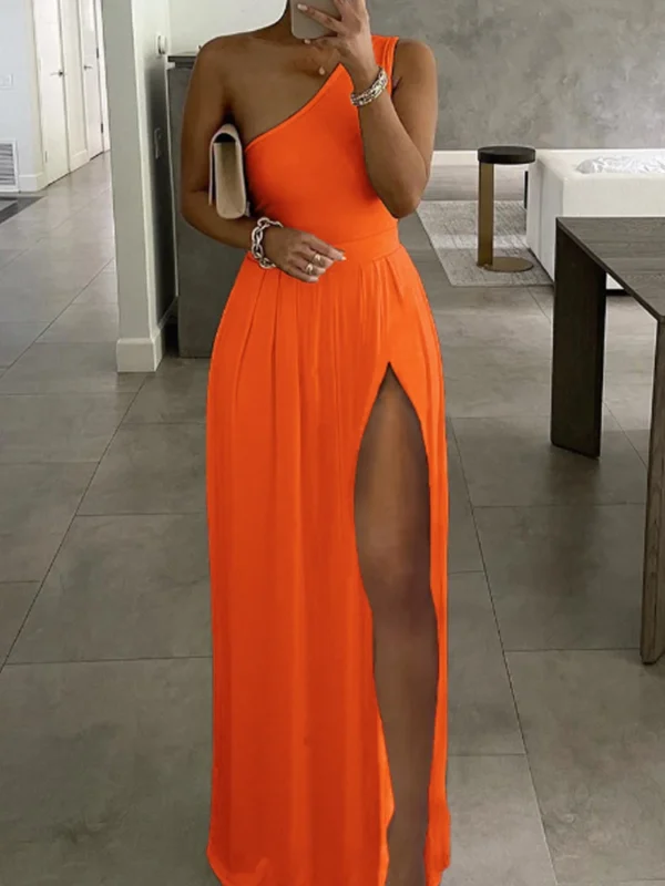 Women High Slit One Shoulder Maxi Dress Elegant Summer Party Dress