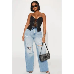 Women Lace Up Hollow Out Sleeveless Camis Tops Strapless 2024 Summer INS White Beach Holiday Streetwear Tee Top