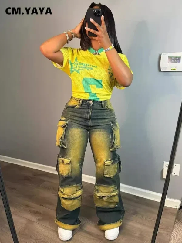 2024 Women Fashion Multi Pocket Straight washed Denim Pants Female Streetwear Safari Style Cargo Wide Leg Jeans - Image 2