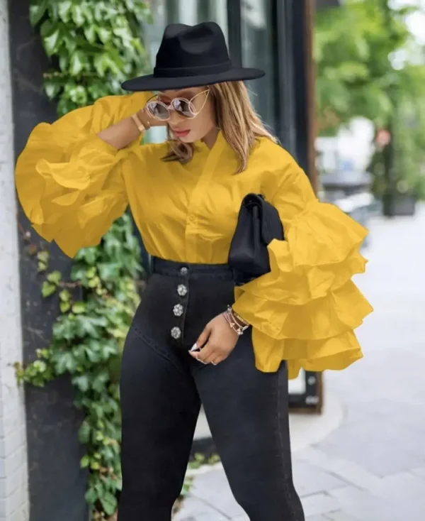 Women Shirts Solid Full Ruffles Sleeve Turn-down Collar Single Breasted Loose Shirts Office Lady Streetwear Summer Tops - Image 4