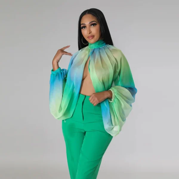 Women Fashion Gradient Printed Batwing Long Sleeve Front Split See Though Loose Sexy Party Club Blouse and Shirt Tops - Image 11