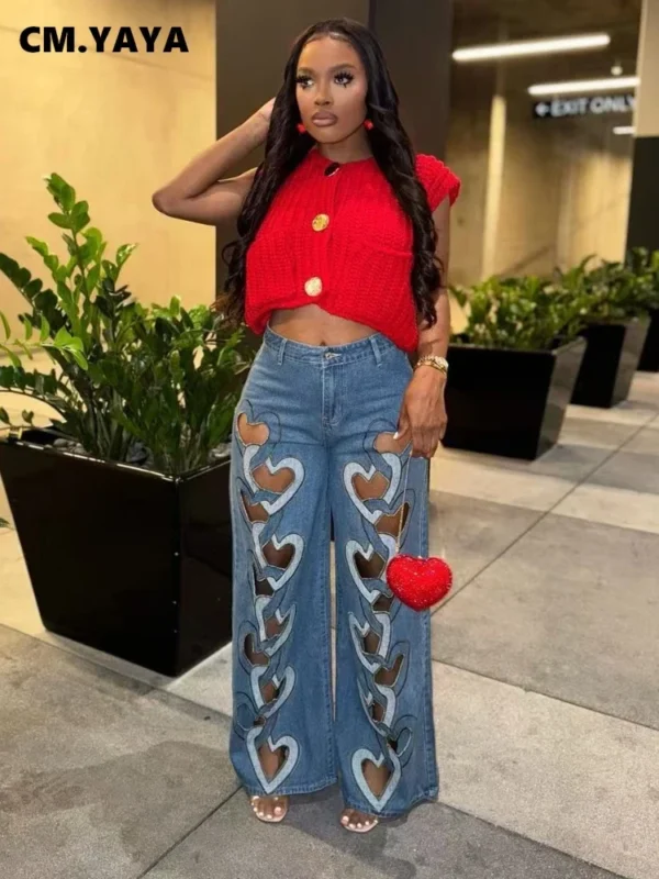 Women Vintage Cutout Love Hollow Out Cross Straight Denim Pants 2025 Fall Fashion INS High Waist Wide Leg Jeans Trousers - Image 2