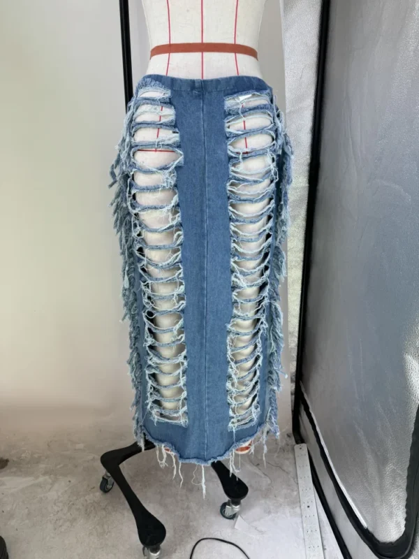 Women Fashion Ripped Out Hollow Out Tassel Pencil Maxi Long Denim Skirts Street High Waist Zipper Bodycon Jean Skirts - Image 5