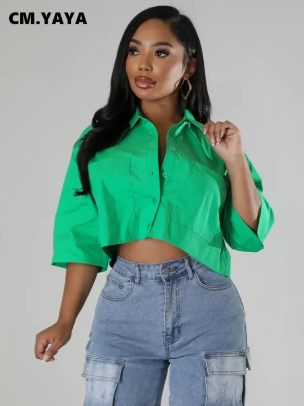 Women Half Sleeve V-neck Blouse and Shirt Street Basic Crop Tops  2024 Fashion Casual Summer Leisure Loose Outwear - Image 3