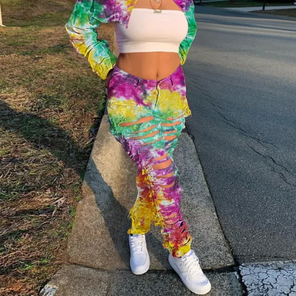 Women Tie Dye Print Hole Pencil Ripped Jeans Streetwear Hollow Out Denim Pants (Only Pants) - Image 3