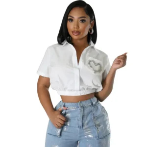 Women Sweetheart Diamonds Short Sleeve V-neck Blouse and Shirt Street Basic Crop Tops  2024 Fashion Casual Summer