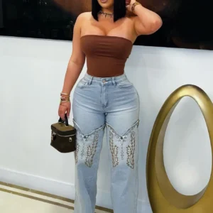 Women Denim Pants Retro Wide Leg Embroidery Jeans Straight Trousers 2025 Fashion Summer Street Lady Pants Trousers