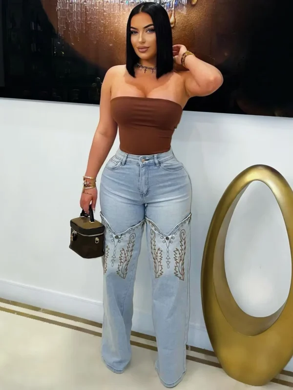 Women Denim Pants Retro Wide Leg Embroidery Jeans Straight Trousers 2025 Fashion Summer Street Lady Pants Trousers