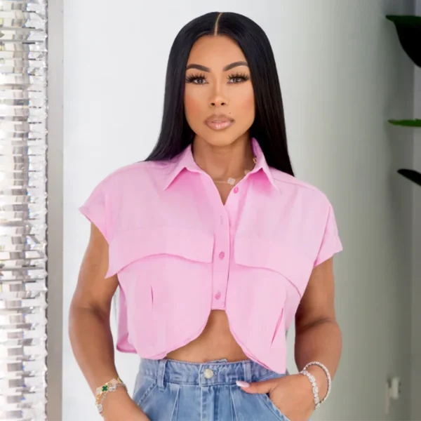 Women Fashion Single Breasted Pocket Front Irregular Short Sleeve Mini Blouse and Shirt Top 2023 Summer - Image 2