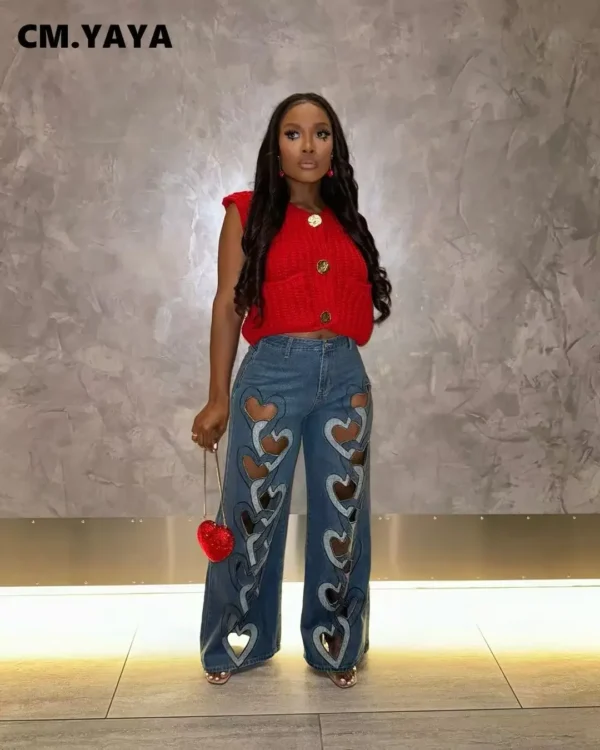 Women Vintage Cutout Love Hollow Out Cross Straight Denim Pants 2025 Fall Fashion INS High Waist Wide Leg Jeans Trousers - Image 3