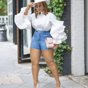 Women Shirts Solid Full Ruffles Sleeve Turn-down Collar Single Breasted Loose Shirts Office Lady Streetwear Summer Tops