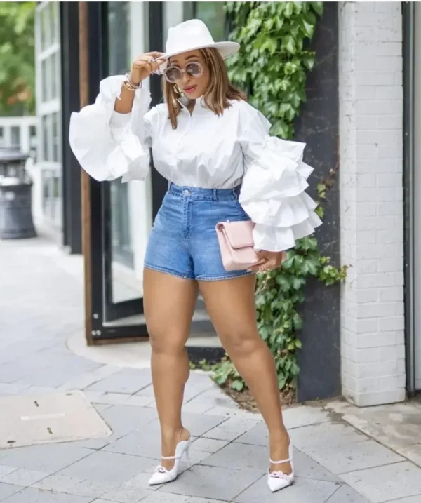 Women Shirts Solid Full Ruffles Sleeve Turn-down Collar Single Breasted Loose Shirts Office Lady Streetwear Summer Tops