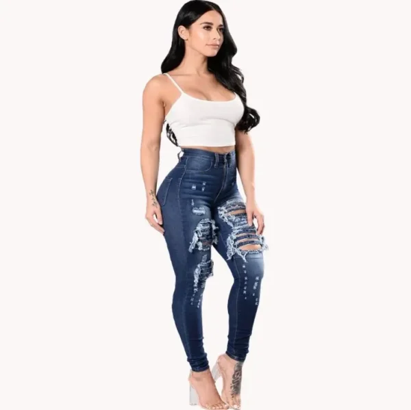 Denim Pants Women Retro Solid Sexy Hole Hollow Out Jeans Ripped Pencil Trousers Street Skinny High Waist Lady Pant - Image 3
