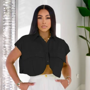 Women Fashion Single Breasted Pocket Front Irregular Short Sleeve Mini Blouse and Shirt Top 2023 Summer