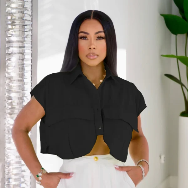 Women Fashion Single Breasted Pocket Front Irregular Short Sleeve Mini Blouse and Shirt Top 2023 Summer