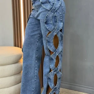 Women Streetwear Cutout Hollow Out Criss Cross Side Wide Leg  Blue Denim Pants 2025 Fashion Sexy Party Jeans Trousers