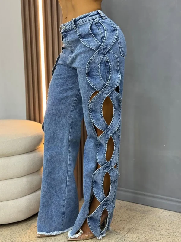 Women Streetwear Cutout Hollow Out Criss Cross Side Wide Leg  Blue Denim Pants 2025 Fashion Sexy Party Jeans Trousers
