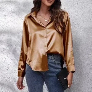 Women Long Sleeve Satin Button Down Top Single Breasted Shirts Autumn OL Work Fashion Turn-down Collar Slim Blouses
