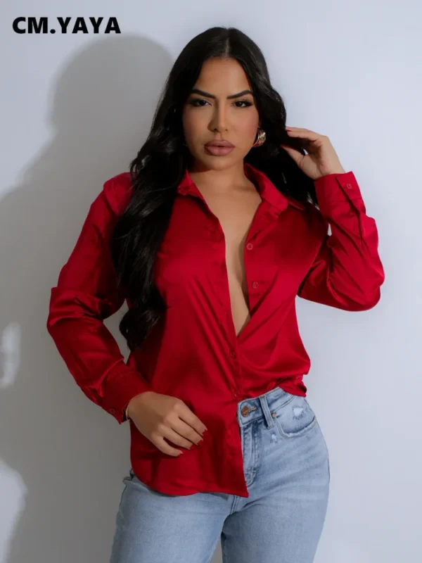 Women Long Sleeve Satin Button Down Top Single Breasted Shirts Autumn OL Work Fashion Turn-down Collar Slim Blouses - Image 18