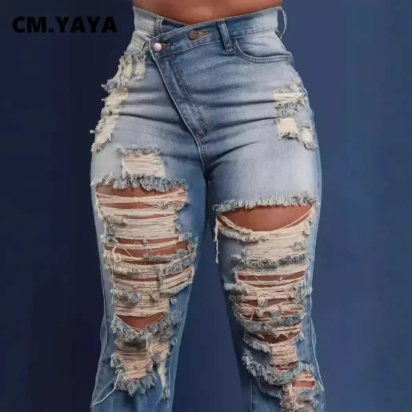 Denim Pants Women Retro Sexy Hole Hollow Out Jeans Ripped out Pencil Trousers 2024 Street Skinny High Waist Lady Pant - Image 4