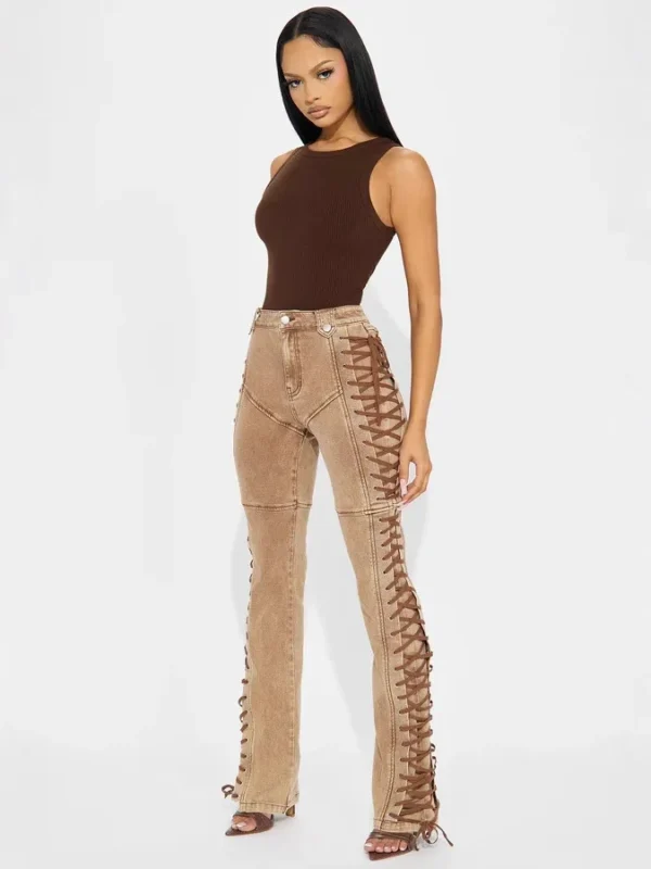 Women Streetwear Cutout Side Lace Up Cargo Pencil Denim Wide Leg Jeans Pants 2024 Fall Casual Fashion Holiday Trousers - Image 2