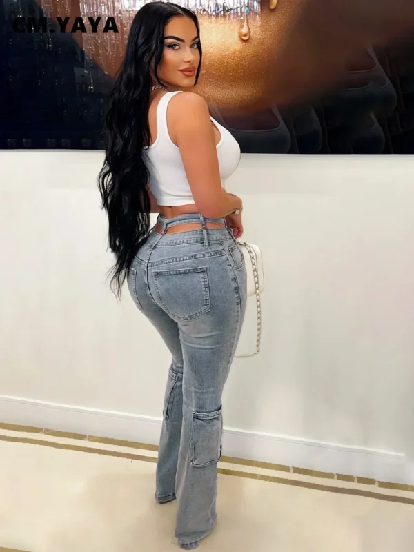 Women Streetwear Fashion Pocket Zipper Fly Denim Pants 2024 Washed Pencil Cross Waist Safari Style Cargo Wide Leg Jeans - Image 5