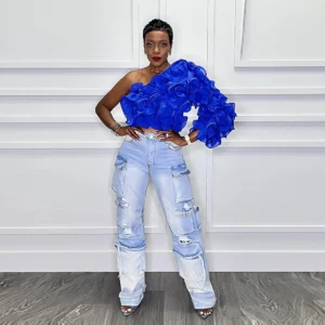Women Ruffles One Sleeve Skew Collar Tunic Blouse and Shirt Tops 2024 Summer Streetwear Night Club Party Beach Tops