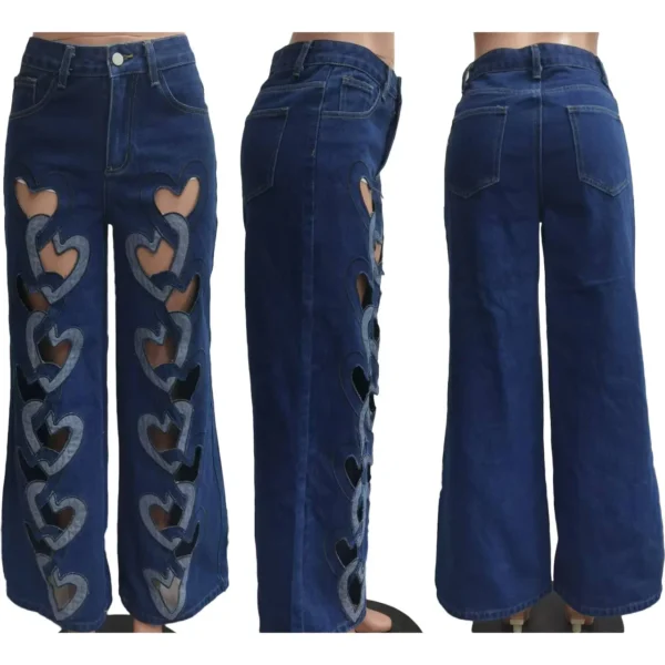 Women Vintage Cutout Love Hollow Out Cross Straight Denim Pants 2025 Fall Fashion INS High Waist Wide Leg Jeans Trousers - Image 5