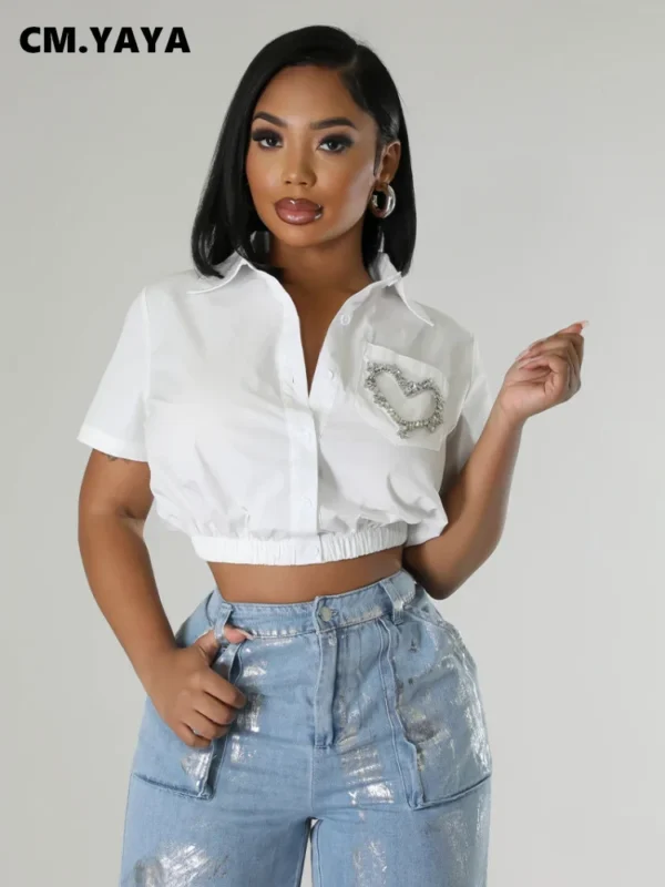 Women Sweetheart Diamonds Short Sleeve V-neck Blouse and Shirt Street Basic Crop Tops  2024 Fashion Casual Summer - Image 3
