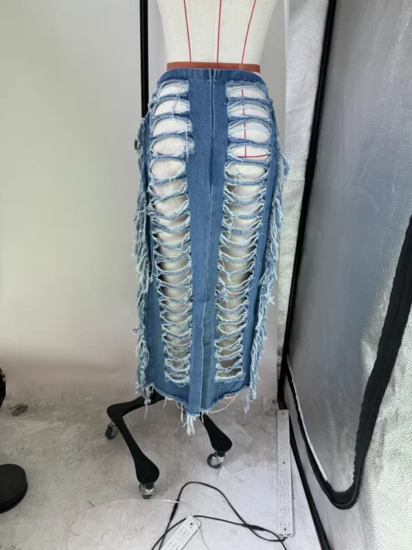Women Fashion Ripped Out Hollow Out Tassel Pencil Maxi Long Denim Skirts Street High Waist Zipper Bodycon Jean Skirts - Image 7