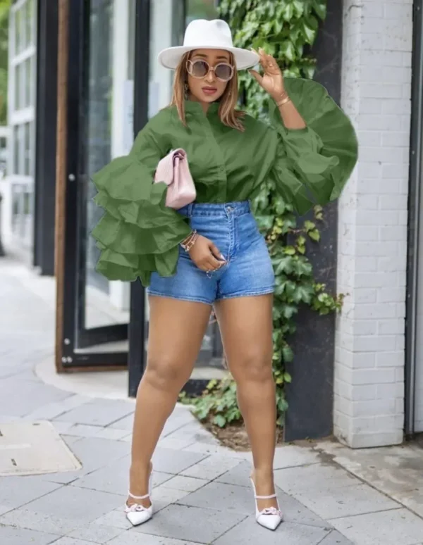 Women Shirts Solid Full Ruffles Sleeve Turn-down Collar Single Breasted Loose Shirts Office Lady Streetwear Summer Tops - Image 5